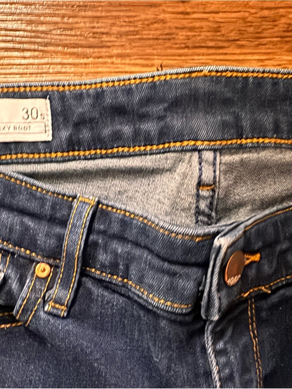 GAP Women’s Boot Cut Jeans in Dark Blue with Yellow Stitching